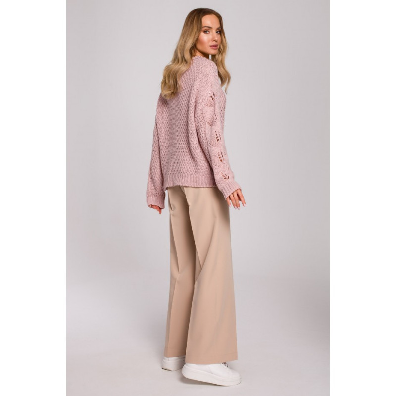 M600 Sweter Z Ażurowym Wzorem - pudrowy