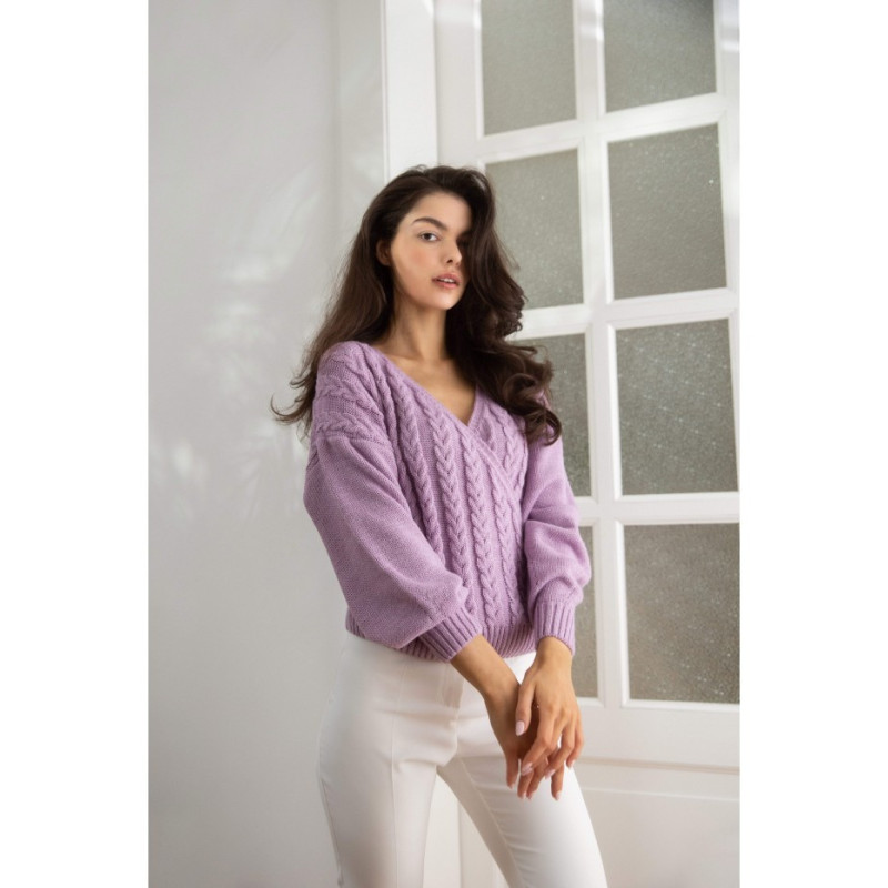 K105 Sweter krótki na zakładkę - liliowy