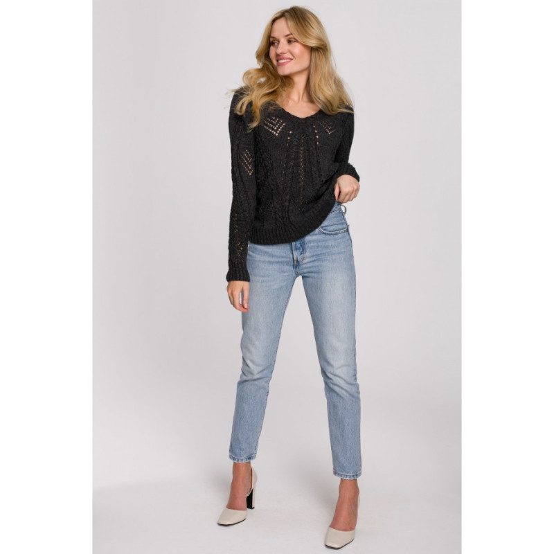 K106 Sweter krótki ażurowy - grafitowy