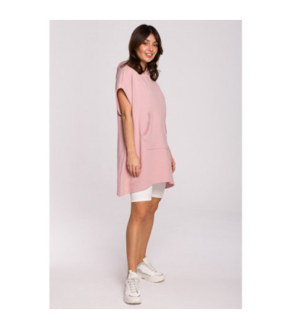 B226 Tunika trapezowa z kieszenią kangurek - pudrowa