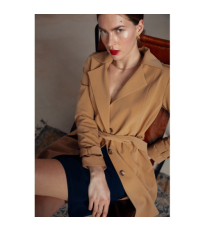 S294 Płaszcz z paskiem wiązanym - kamelowy