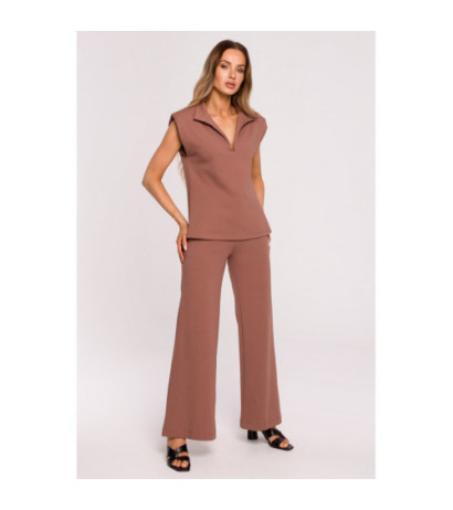 M682 Bluzka bez rękawów z dekoltem V i kołnierzem - czekoladowa