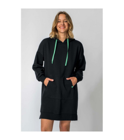 LA113 Sukienka z kapturem i kieszenią kangurek - czarna