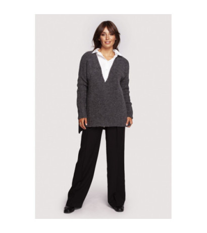 BK083 Sweter z dekoltem i dłuższym tyłem - grafitowy