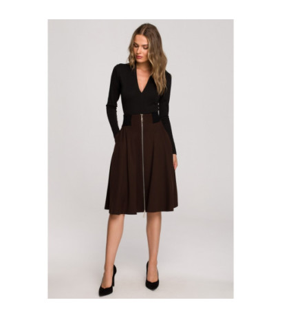 S315 Spódnica rozkloszowana ze ściągaczem w talii - brązowa