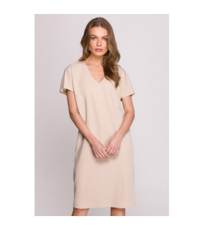 S392 Sukienka o luźnym fasonie z dekoltem V - beżowa