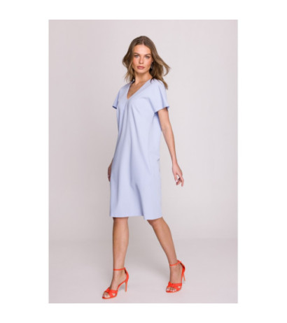 S392 Sukienka o luźnym fasonie z dekoltem V - błękitna