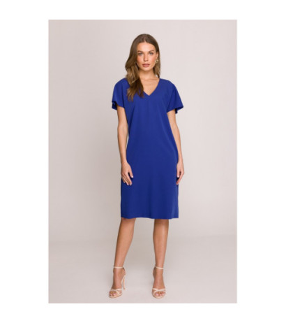 S392 Sukienka o luźnym fasonie z dekoltem V - chabrowa