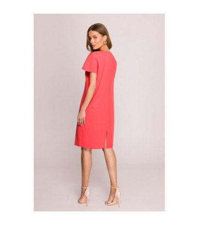 S392 Sukienka o luźnym fasonie z dekoltem V - koralowa