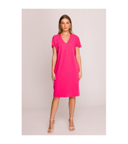 S392 Sukienka o luźnym fasonie z dekoltem V - różowa