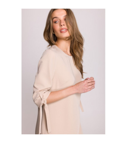 S393 Sukienka z wiązanymi rękawami - beżowa