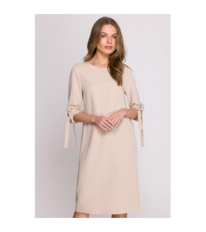 S393 Sukienka z wiązanymi rękawami - beżowa