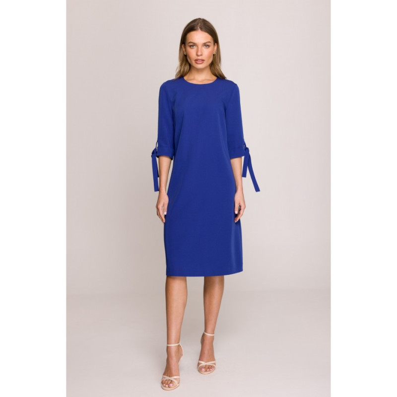 S393 Sukienka z wiązanymi rękawami - chabrowa