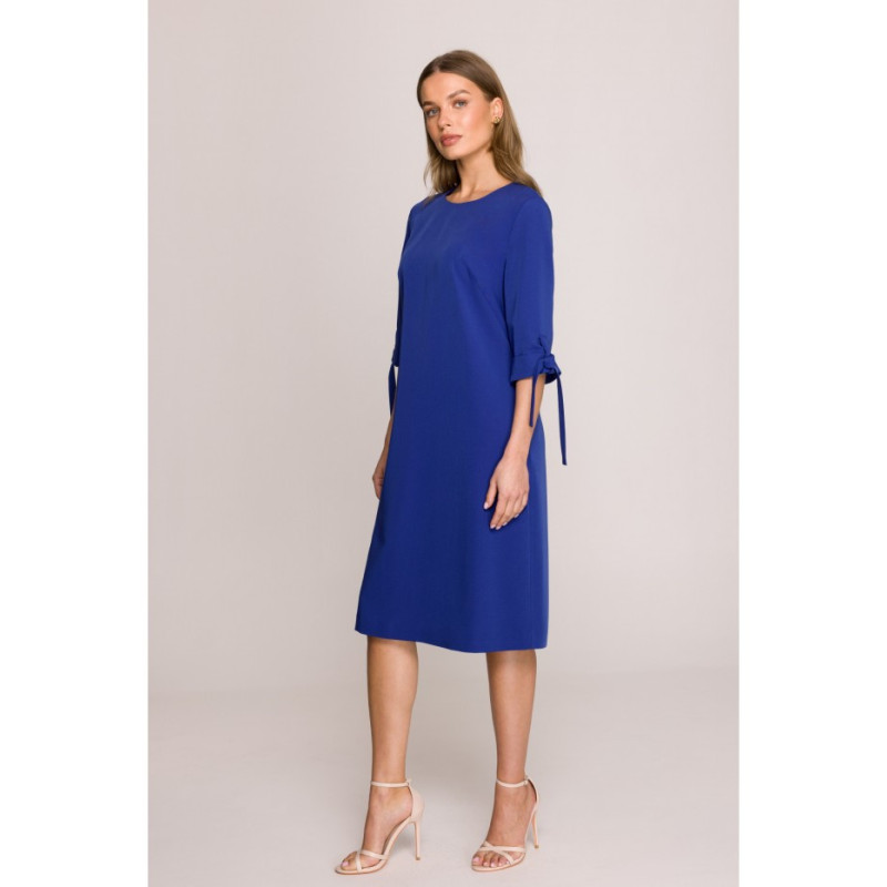 S393 Sukienka z wiązanymi rękawami - chabrowa