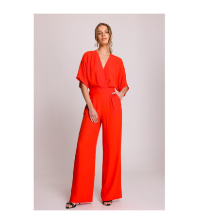 S395 Kombinezon z dekoltem kopertowym - koralowy