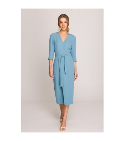 S396 Sukienka z kopertowym motywem - zimny niebieski