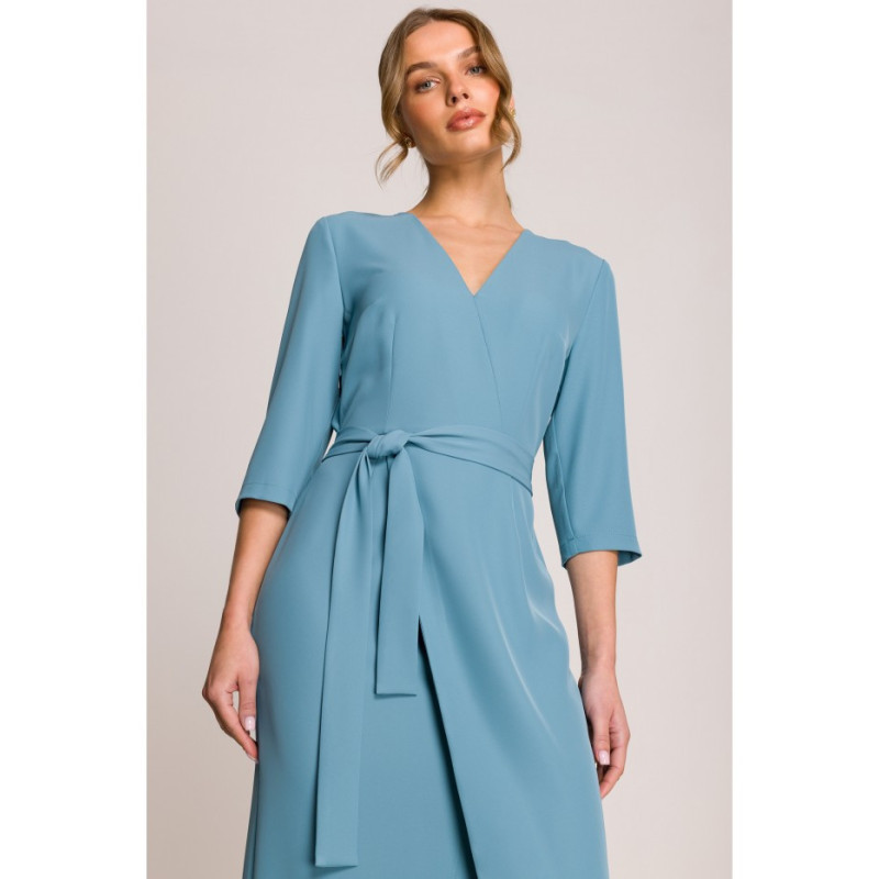 S396 Sukienka z kopertowym motywem - zimny niebieski