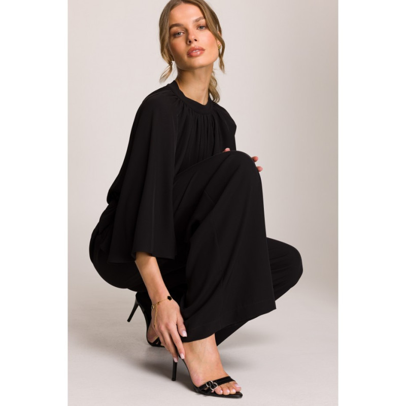 S397 Kombinezon z szerokimi rękawami i wiązaniem - czarny