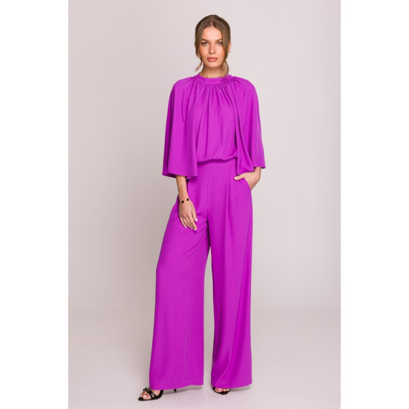 S397 Kombinezon z szerokimi rękawami i wiązaniem - lawendowy