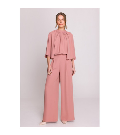 S397 Kombinezon z szerokimi rękawami i wiązaniem - różany
