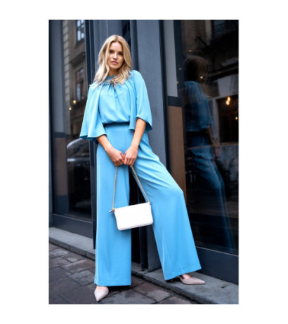 S397 Kombinezon z szerokimi rękawami i wiązaniem - zimny niebieski