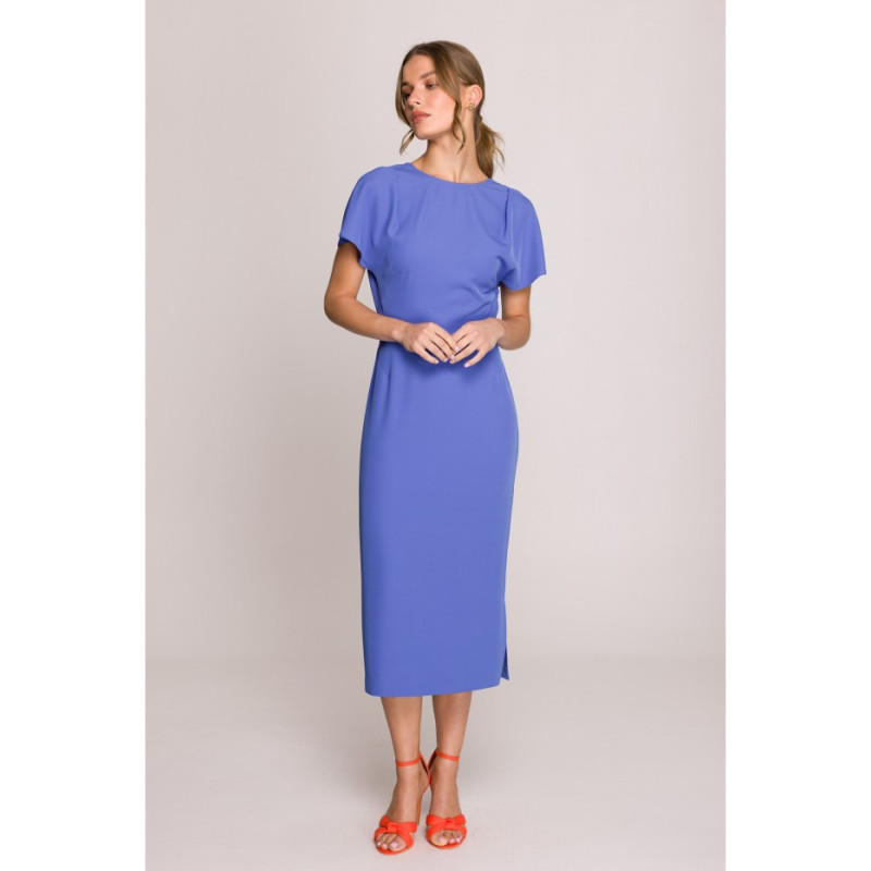S398 Sukienka z dekoltem z tyłu i rozcięciem - niebieska