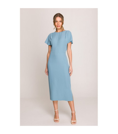 S398 Sukienka z dekoltem z tyłu i rozcięciem - zimny niebieski