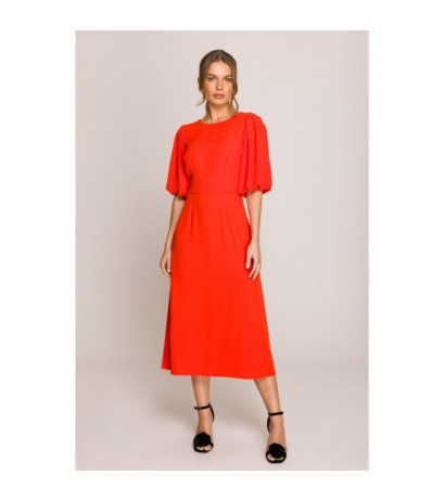 S399 Sukienka z bufiastymi rękawami - koralowa