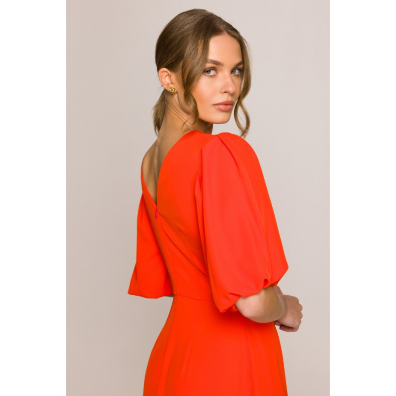 S399 Sukienka z bufiastymi rękawami - koralowa