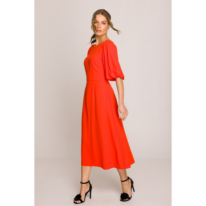 S399 Sukienka z bufiastymi rękawami - koralowa