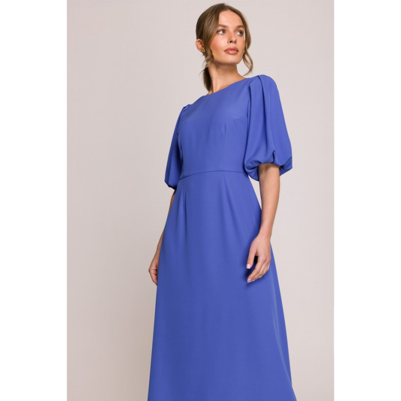 S399 Sukienka z bufiastymi rękawami - niebieska