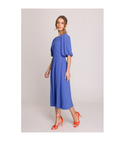 S399 Sukienka z bufiastymi rękawami - niebieska