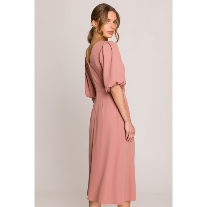 S399 Sukienka z bufiastymi rękawami - różana