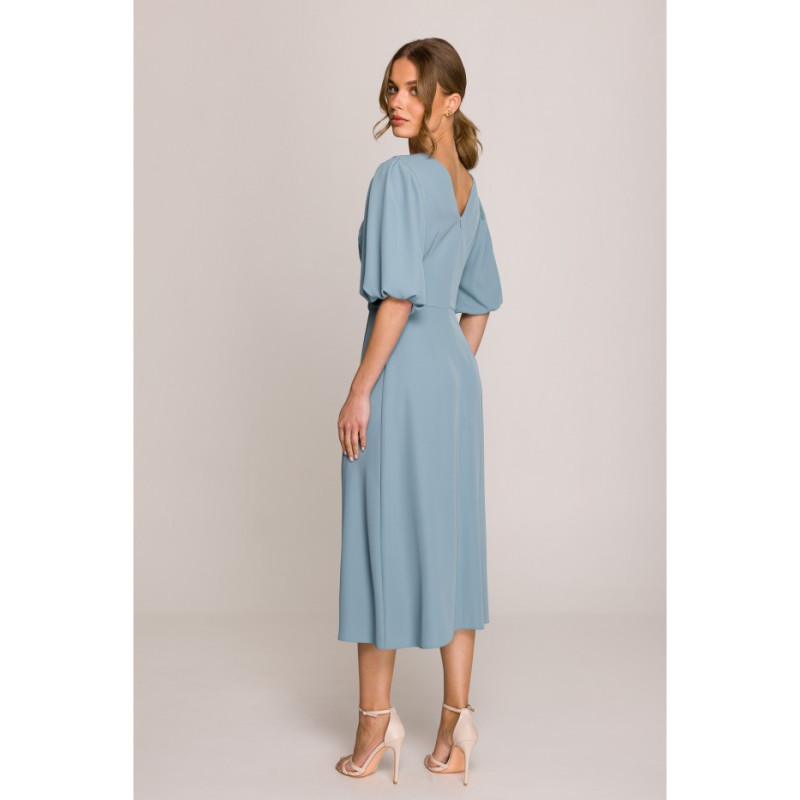 S399 Sukienka z bufiastymi rękawami - zimny niebieski