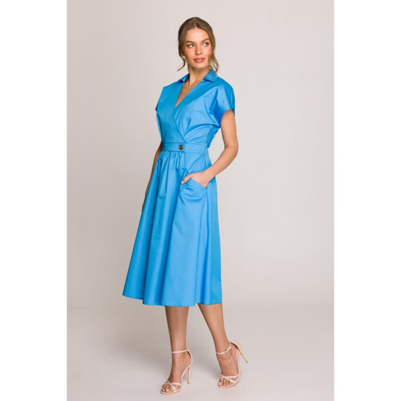 S401 Bawełniana sukienka z kołnierzykiem - niebieska