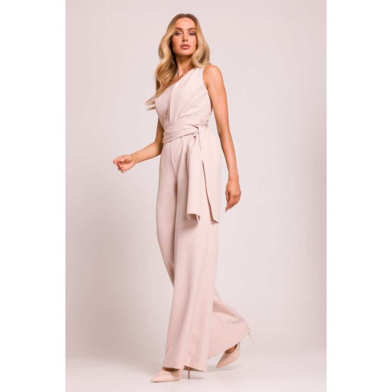 M845 Kombinezon na jedno ramię z wiązanymi szarfami - jasny beżowy