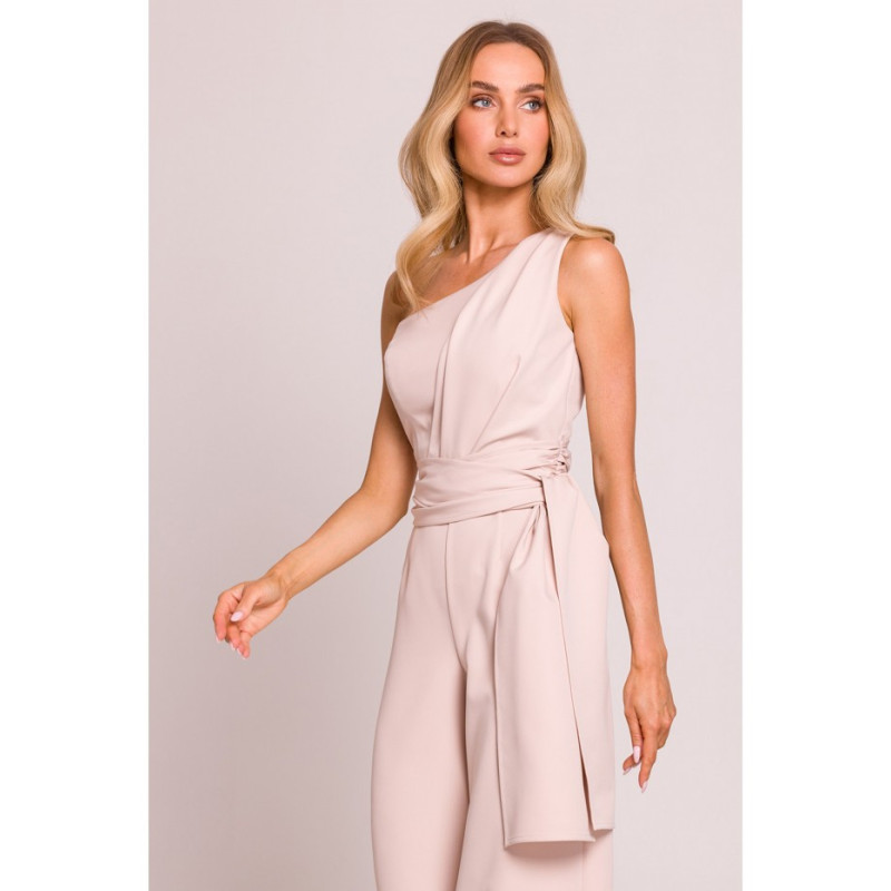 M845 Kombinezon na jedno ramię z wiązanymi szarfami - jasny beżowy