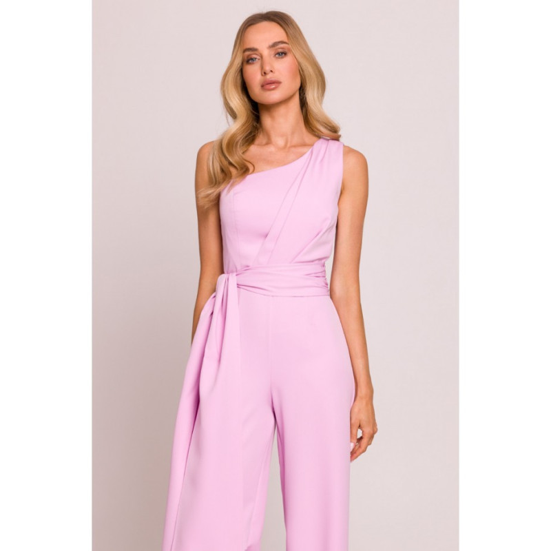 M845 Kombinezon na jedno ramię z wiązanymi szarfami - cukierkowy róż