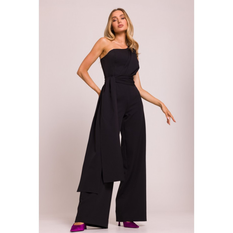 M845 Kombinezon na jedno ramię z wiązanymi szarfami - czarny