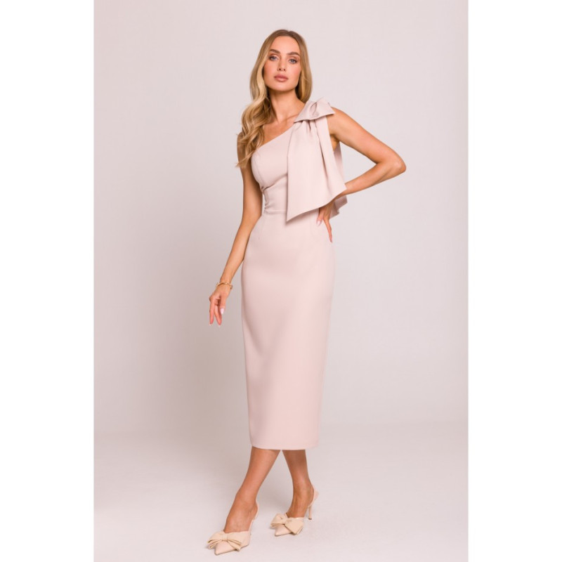 M847 Sukienka na jedno ramię z ozdobną kokardą - jasny beżowy