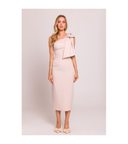 M847 Sukienka na jedno ramię z ozdobną kokardą - jasny beżowy