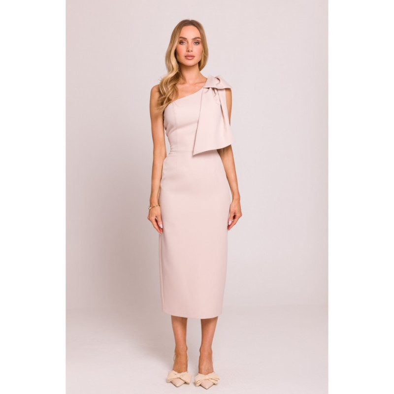 M847 Sukienka na jedno ramię z ozdobną kokardą - jasny beżowy