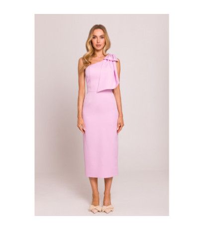 M847 Sukienka na jedno ramię z ozdobną kokardą - cukierkowy róż