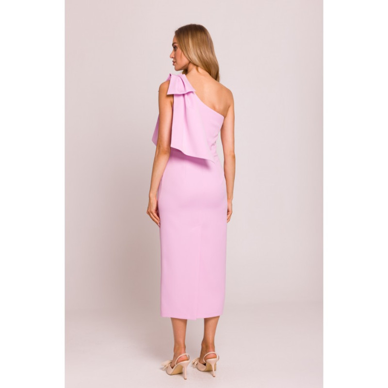 M847 Sukienka na jedno ramię z ozdobną kokardą - cukierkowy róż