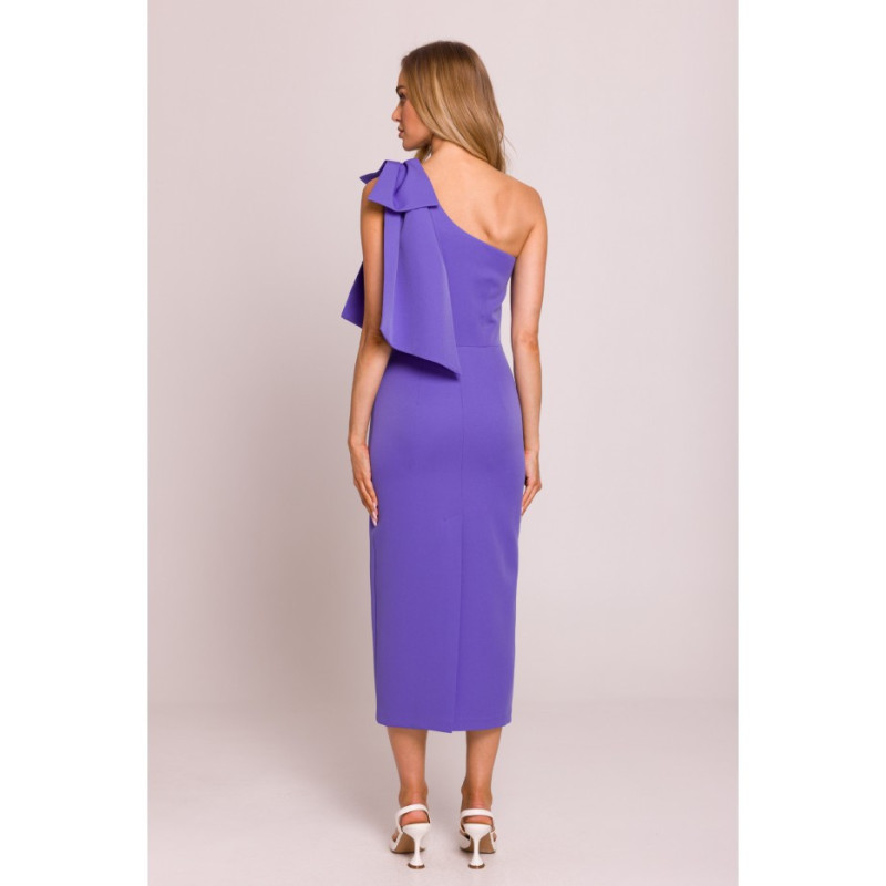 M847 Sukienka na jedno ramię z ozdobną kokardą - jasny fiolet