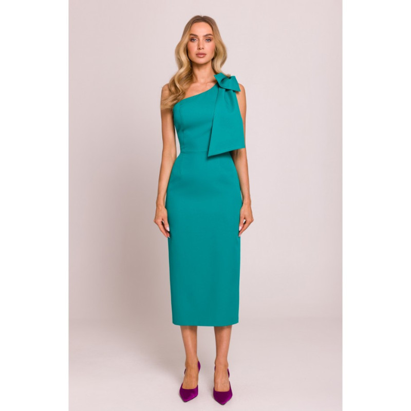 M847 Sukienka na jedno ramię z ozdobną kokardą - turkusowa