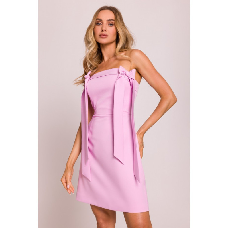 M851 Sukienka gorsetowa z kokardkami - cukierkowy róż