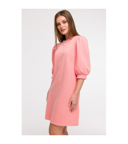 B291 Sukienka z bufiastymi rękawami - koralowa