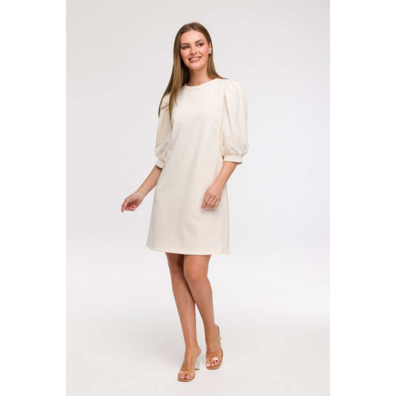 B291 Sukienka z bufiastymi rękawami - waniliowa