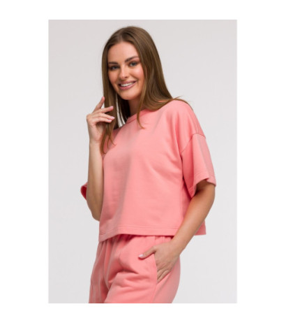 B294 Bluza oversize z krótkimi rękawami - koralowa